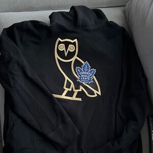 OVO Black Hoodie with Gold Owl and Blue Maple Leafs Patch